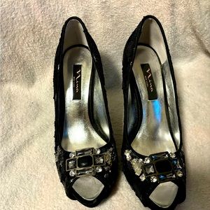 Nina New York Black Sequins Open Toe Heels